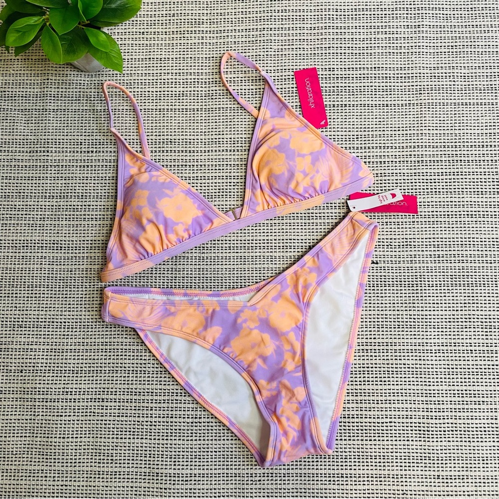 Xhilatation Women’s Large 2 Piece swimsuit, bikini Purple, orange and white